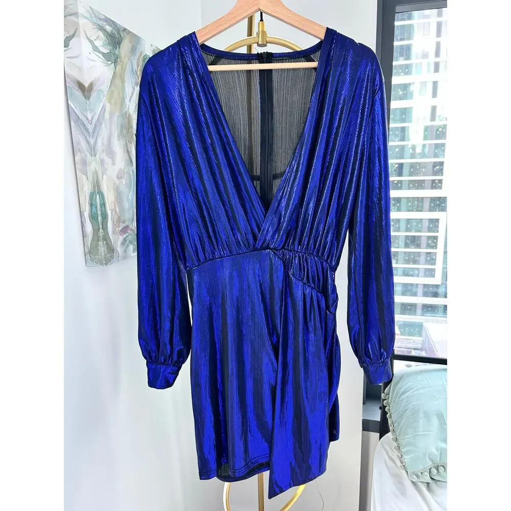 Electric Blue Plunge Neck Dress | Long-Sleeve Bodycon | Size Large - Picture 3 of 5